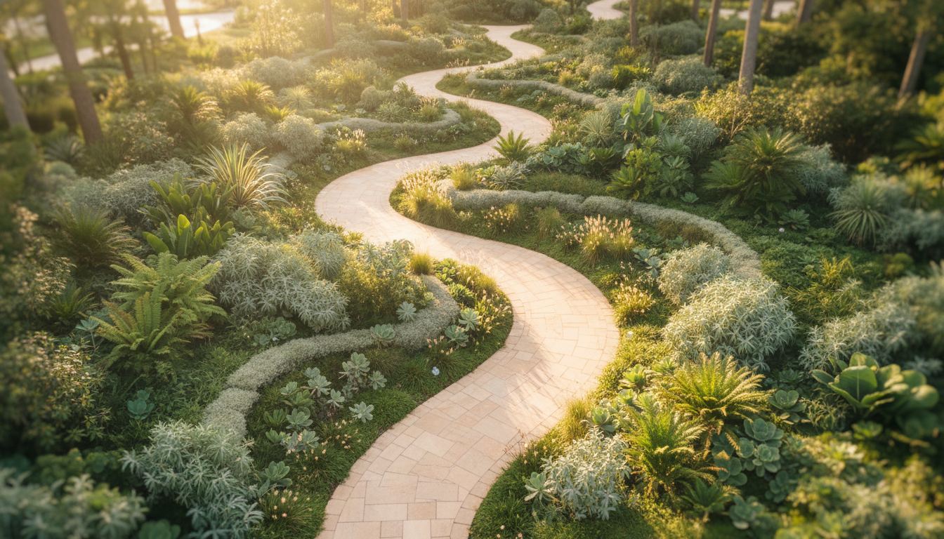 A winding garden path through lush sage-green foliage in golden hour light