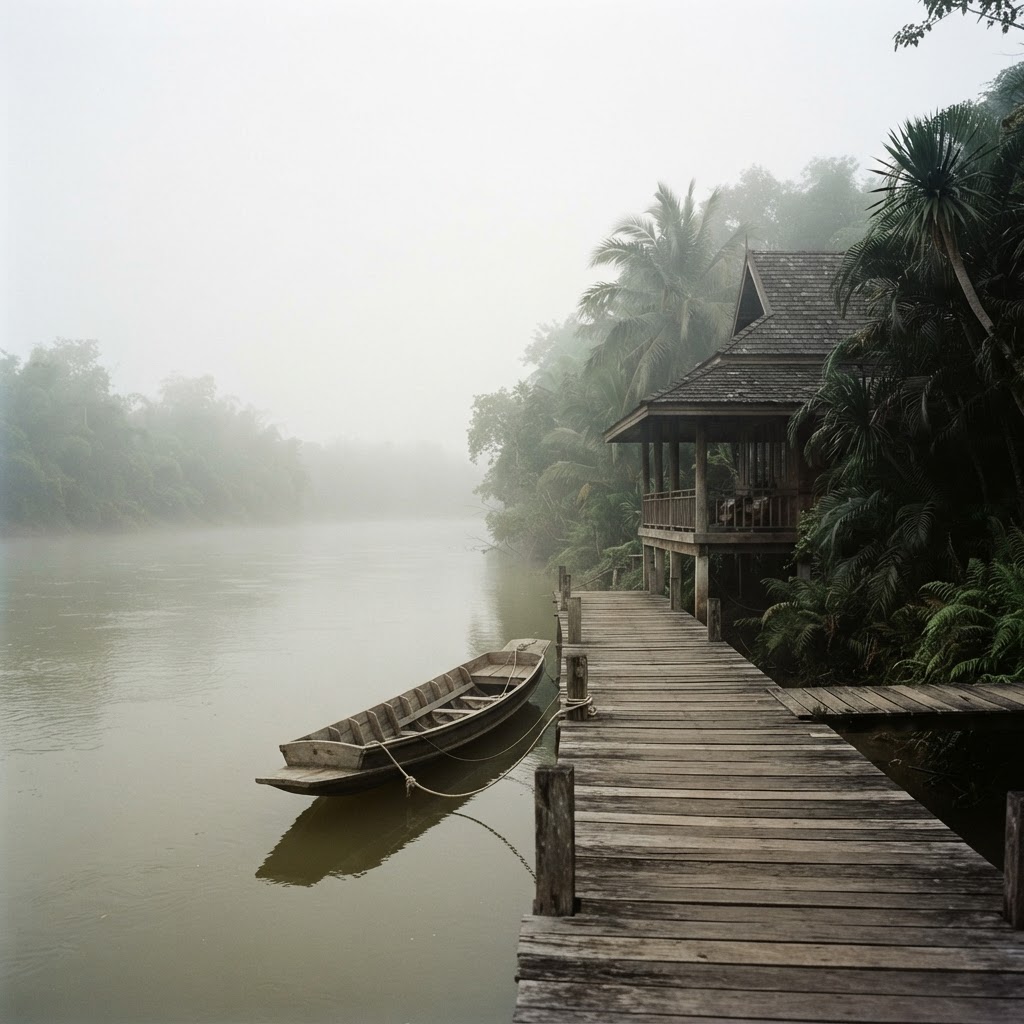 A tranquil riverside wellness garden villa in Thailand at golden hour