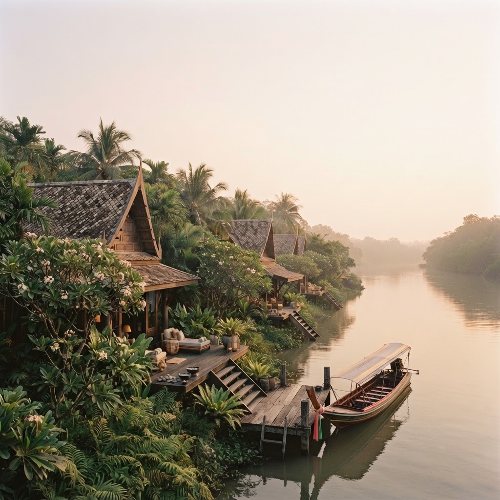 A tranquil riverside wellness garden villa in Thailand at golden hour