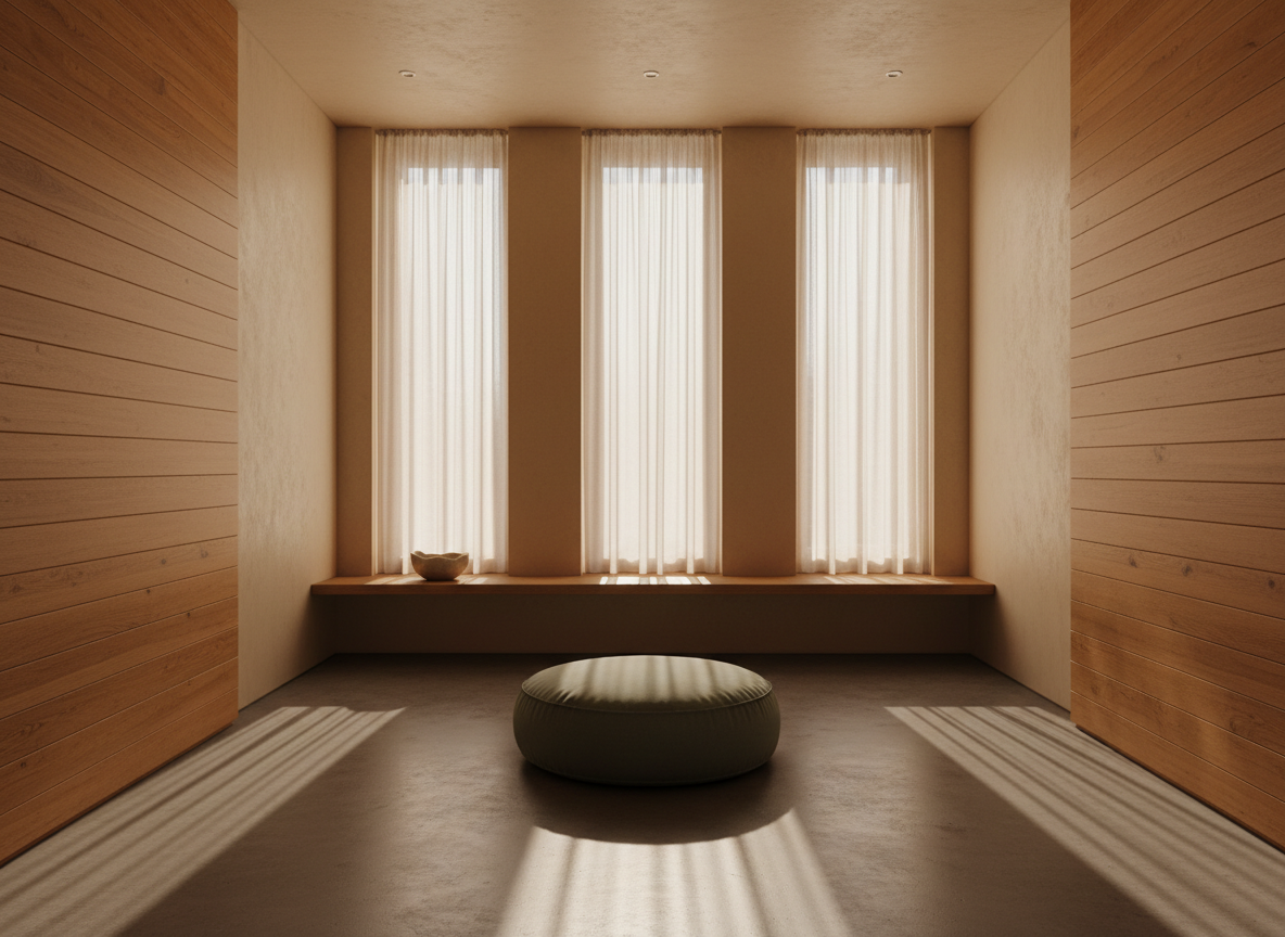 A serene meditation space with warm wood and soft natural light