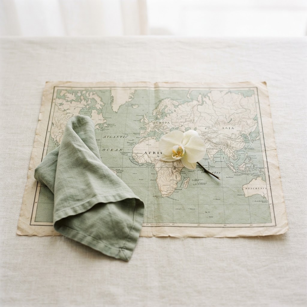A world map in muted sage tones with a single orchid