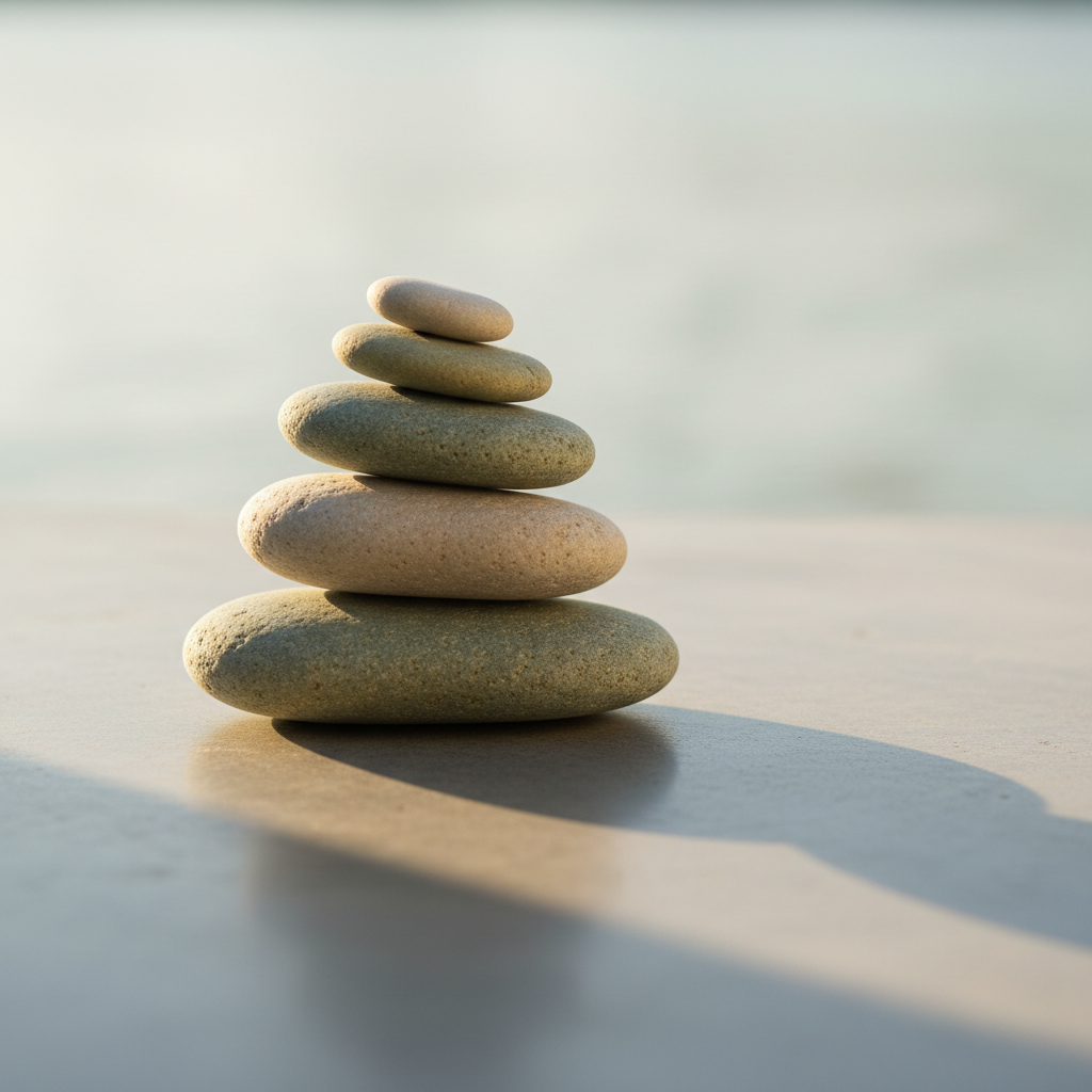 Smooth natural stones balanced in harmony, symbolizing wellness equilibrium