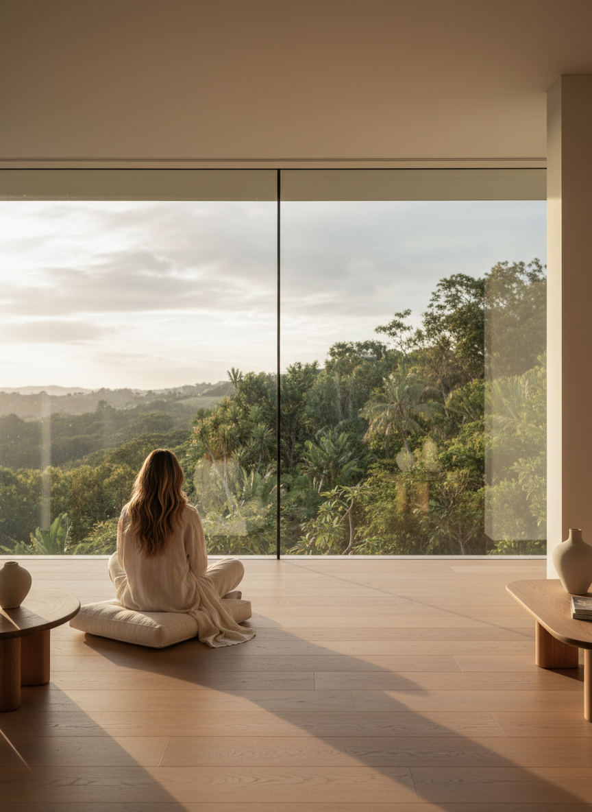 A person in peaceful contemplation within a sun-filled architectural space