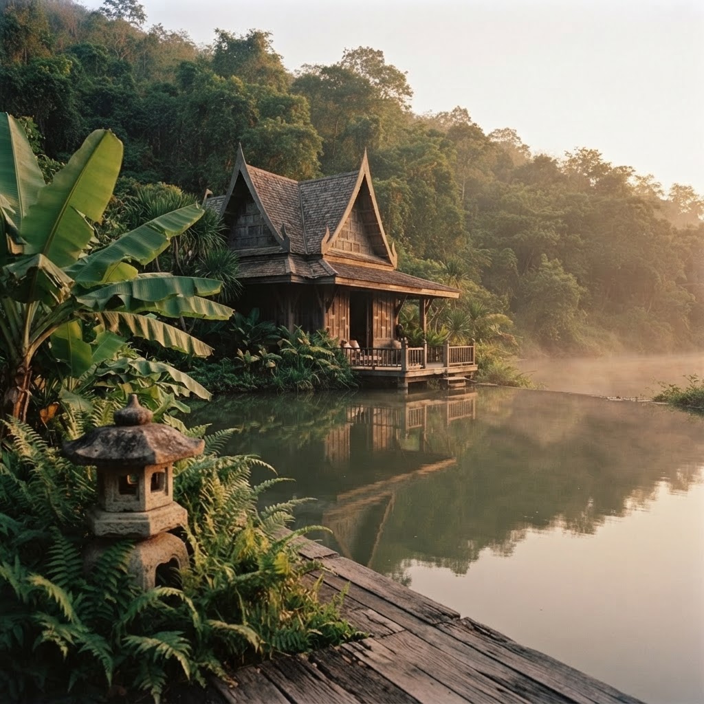 A riverside wellness retreat garden in Thailand