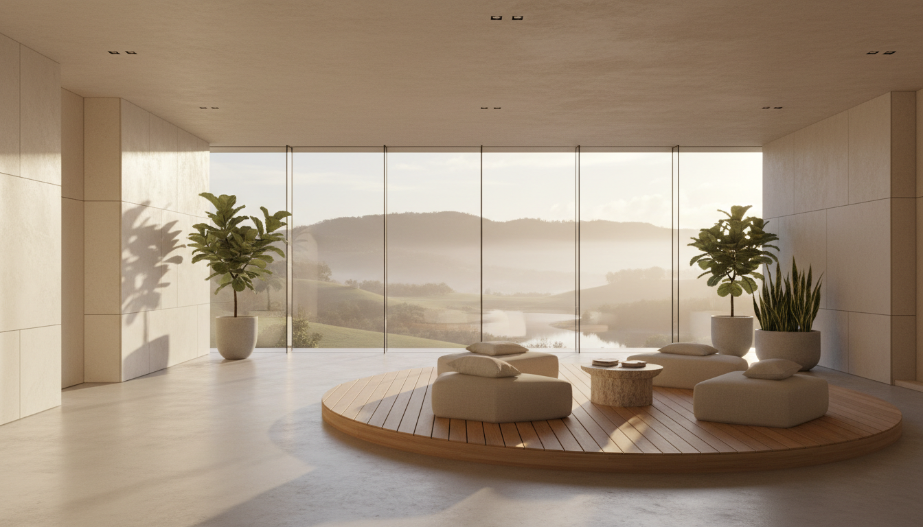 Sun-drenched minimalist wellness retreat with floor-to-ceiling windows and warm natural materials