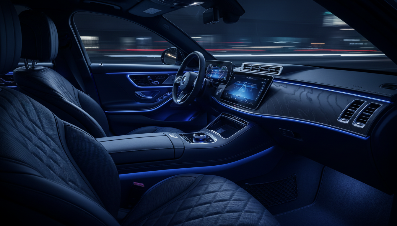 Luxury car interior with blue ambient lighting