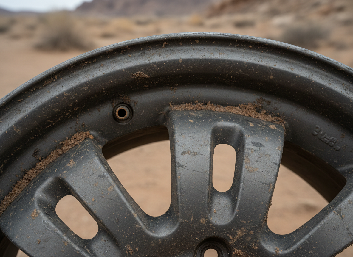Dull dusty brake dust stained alloy wheel before professional rim polishing Abu Dhabi