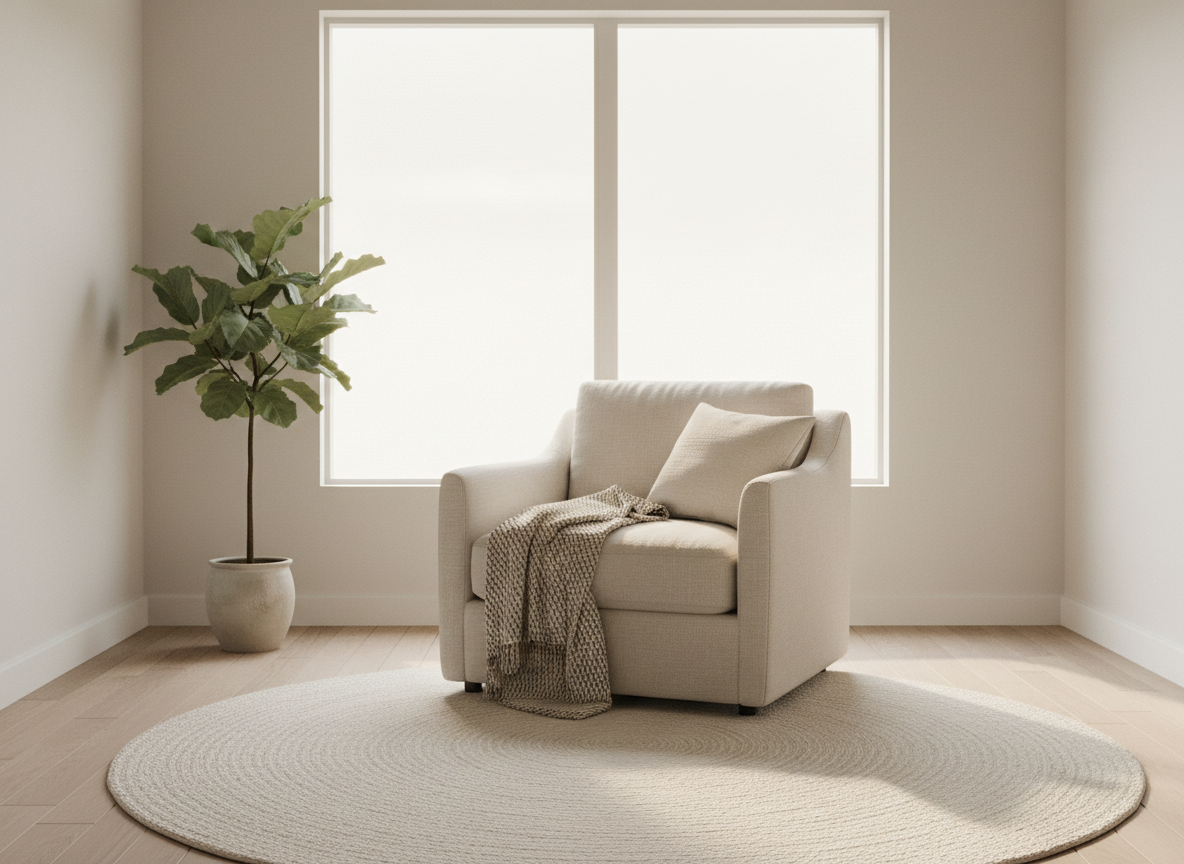 A calm, warm therapy space with natural light