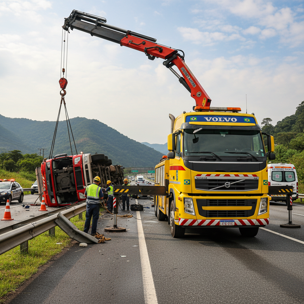 Volvo FH recuperando veículo de grande porte