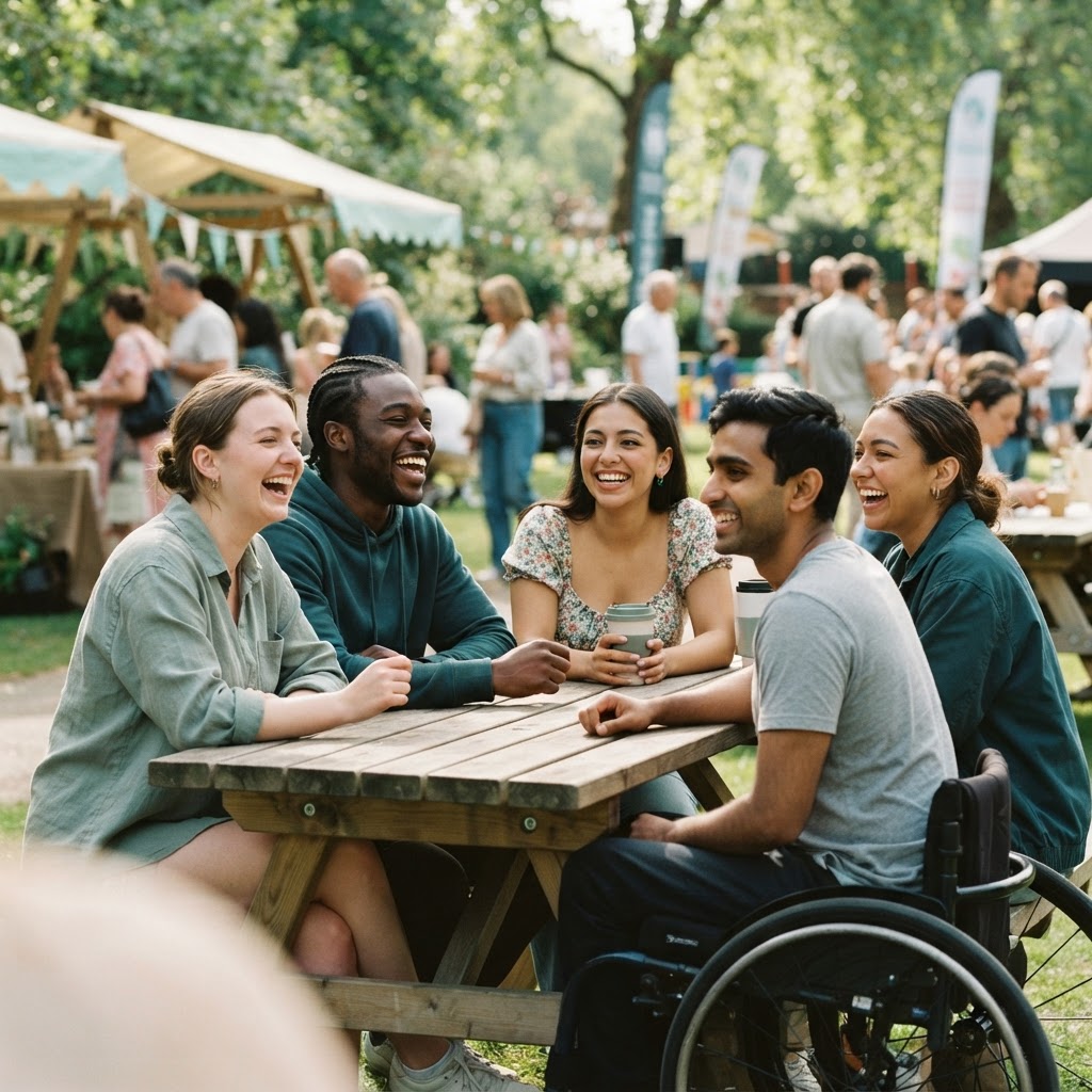 Diverse group of young adults laughing together at an outdoor community event
