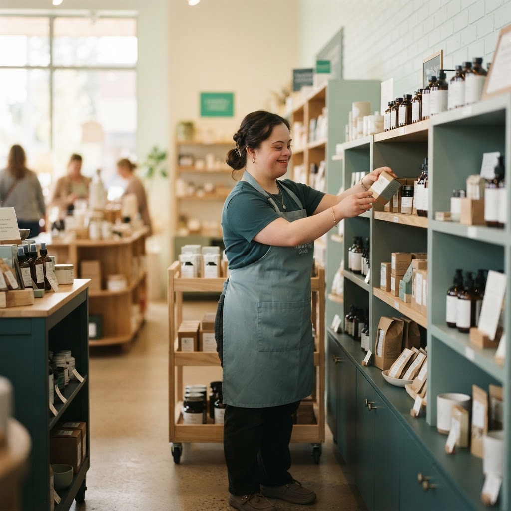 Young adult with a disability confidently organizing products in a bright modern retail store