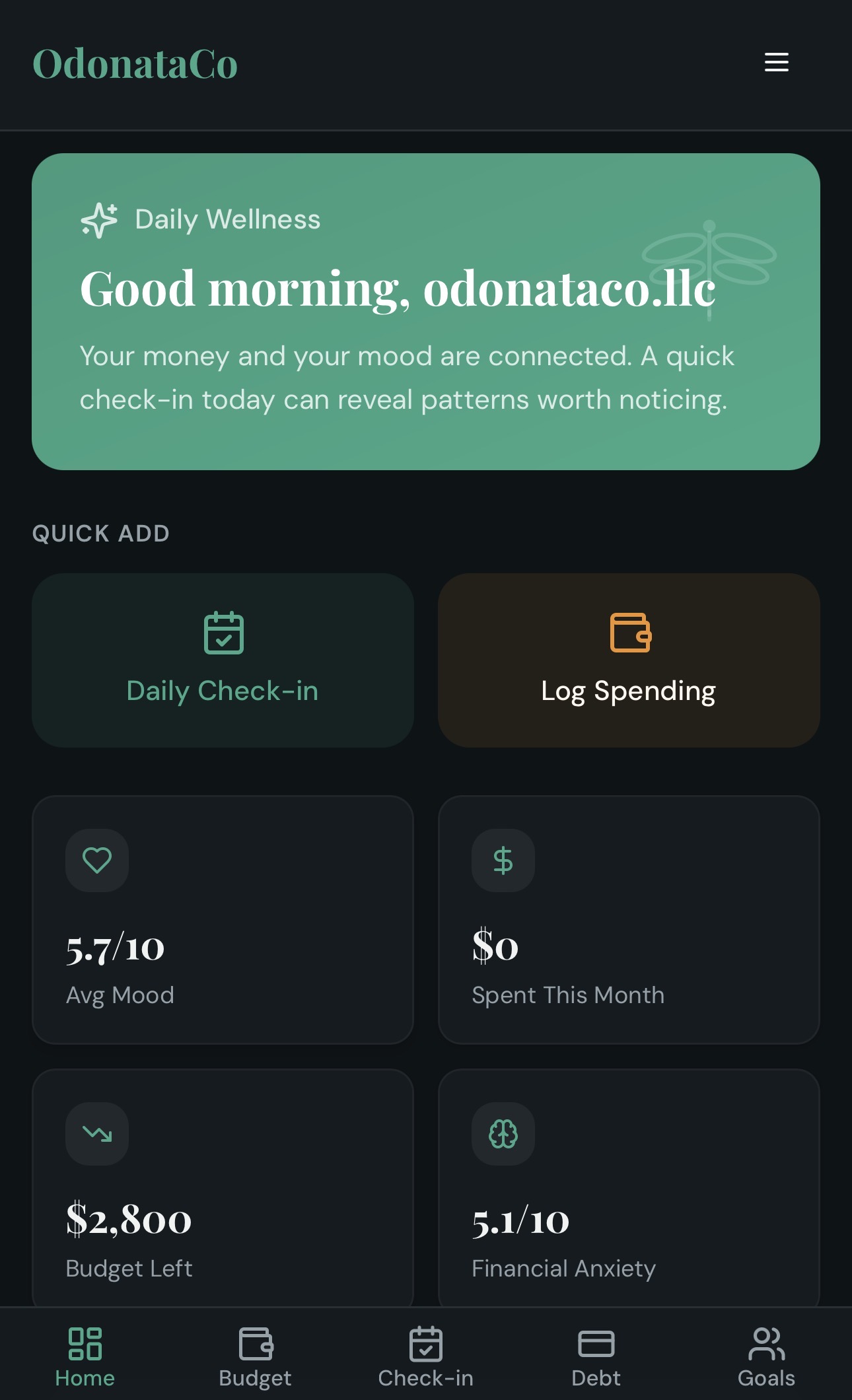 OdonataCo Home screen