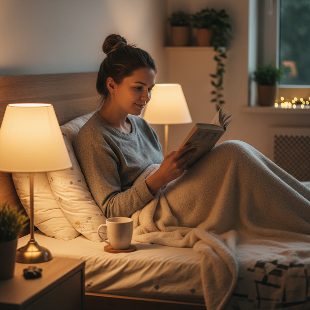 Reading in bed in the evening