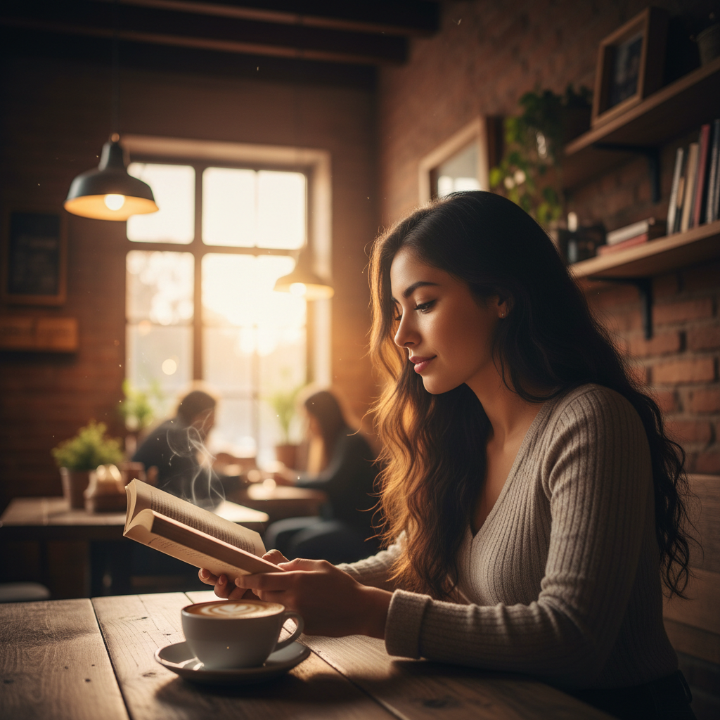 Reader with a cup of coffee