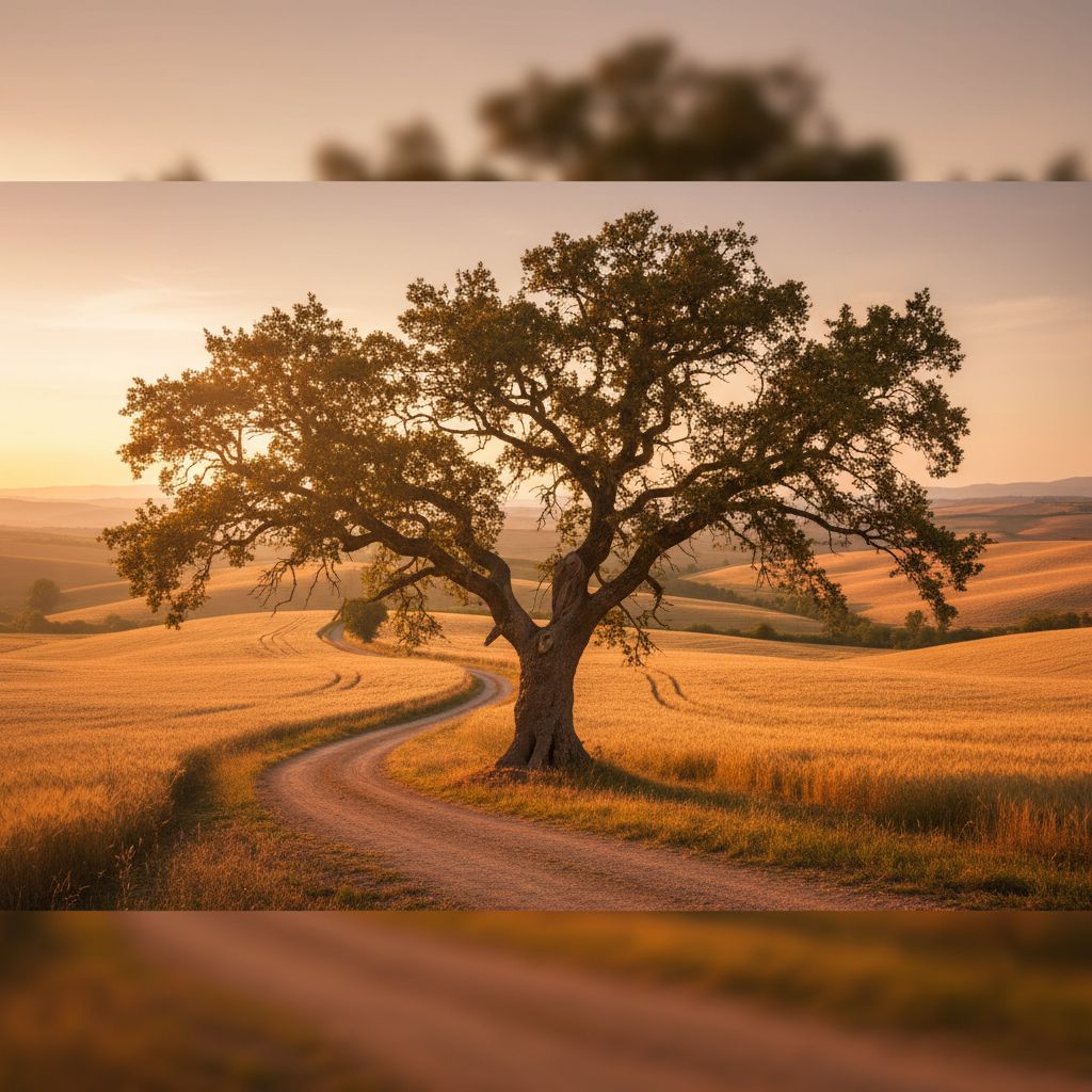 Quercia in primo piano su una strada di campagna al tramonto