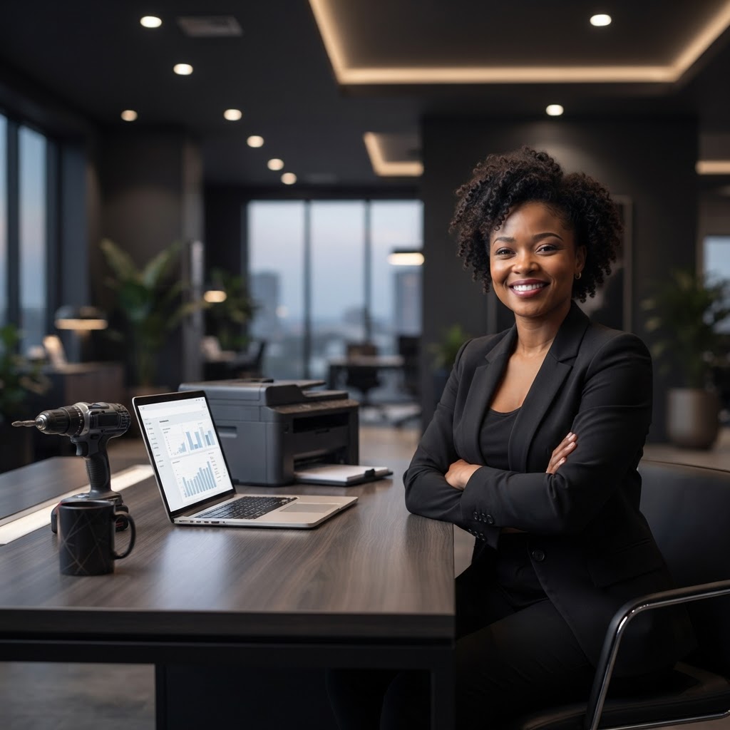Business owner at a desk with laptop, printer and trade equipment