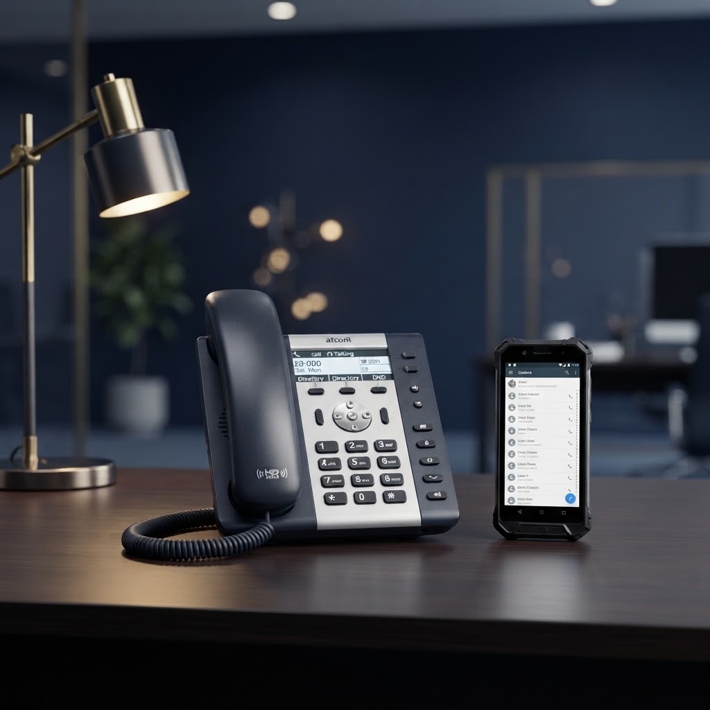 Business desktop IP telephone and rugged mobile handset on an office desk
