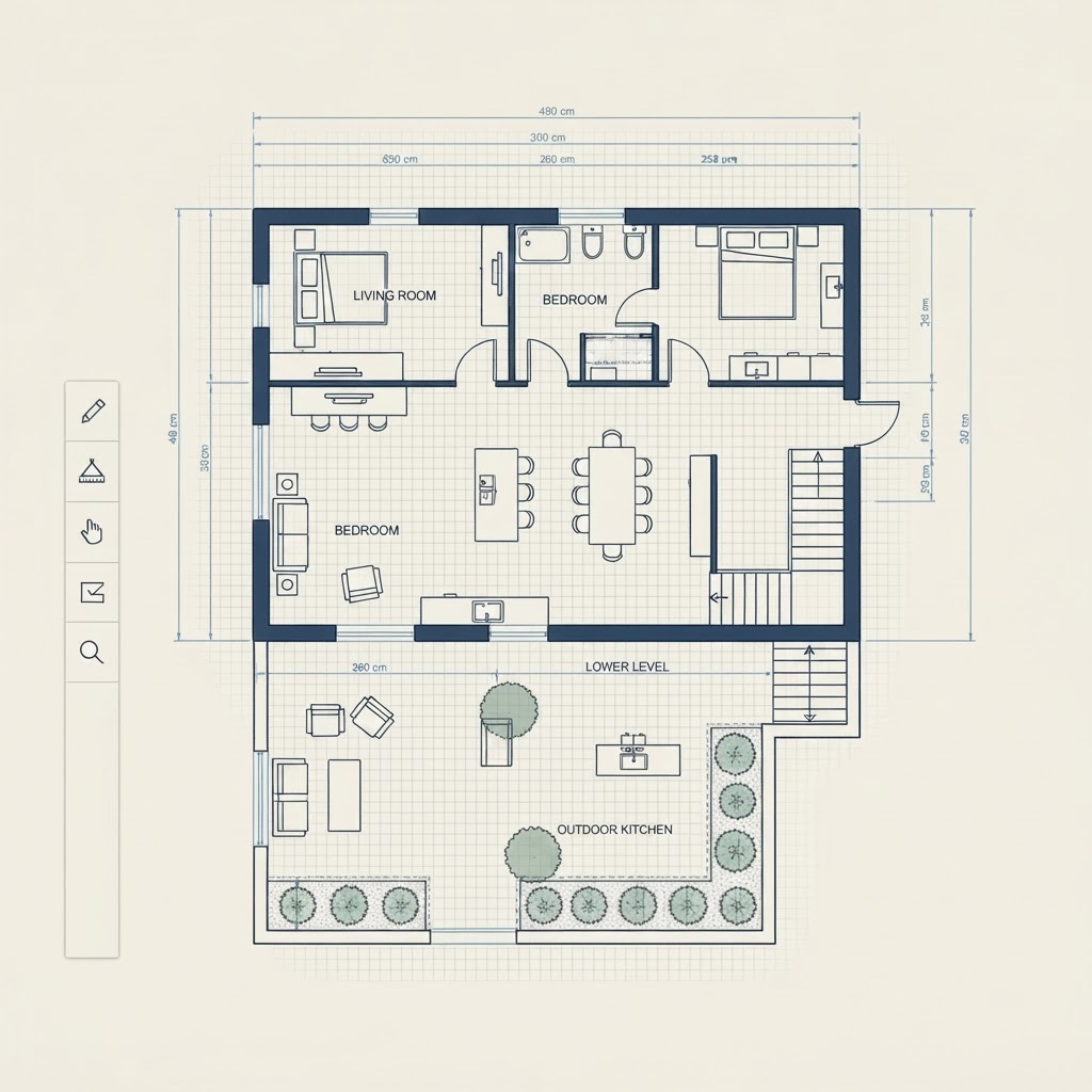 A house floor plan connected by stairs to a lower garden level