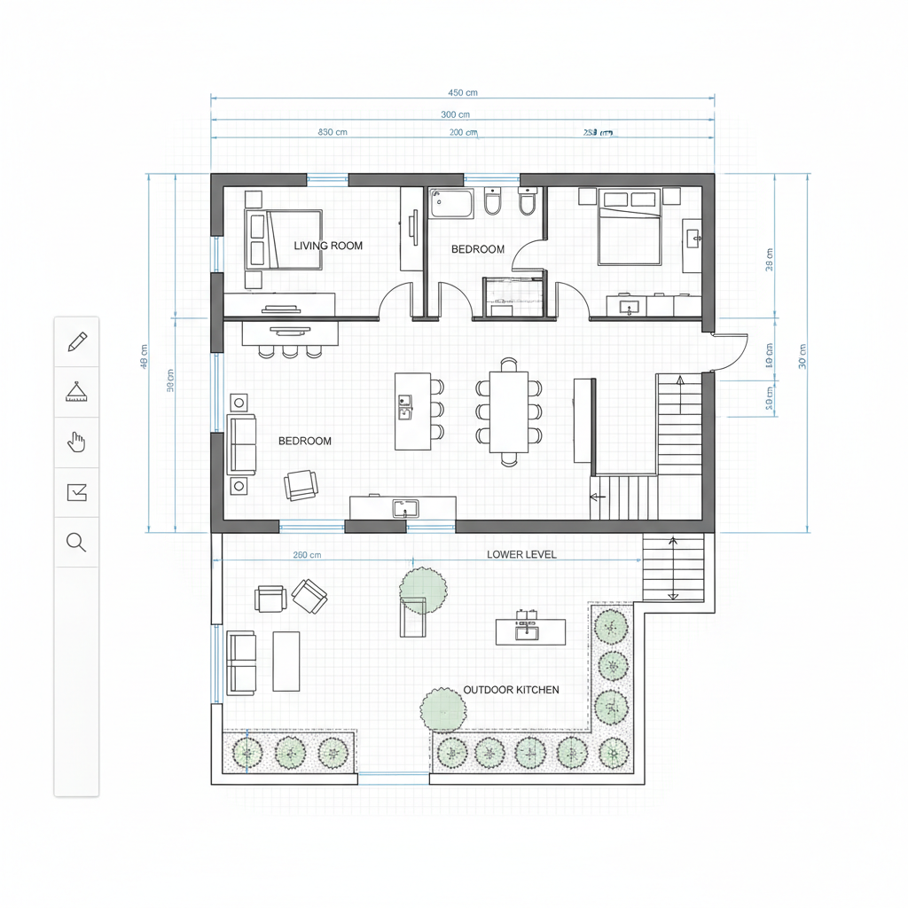 A house floor plan connected by stairs to a lower garden level