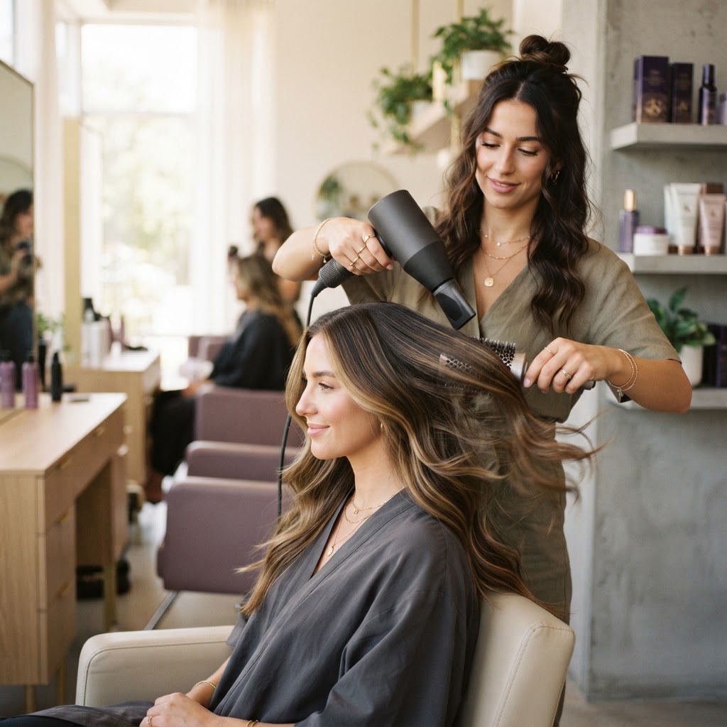 A stylist blow-drying a client's long glossy hair with a round brush