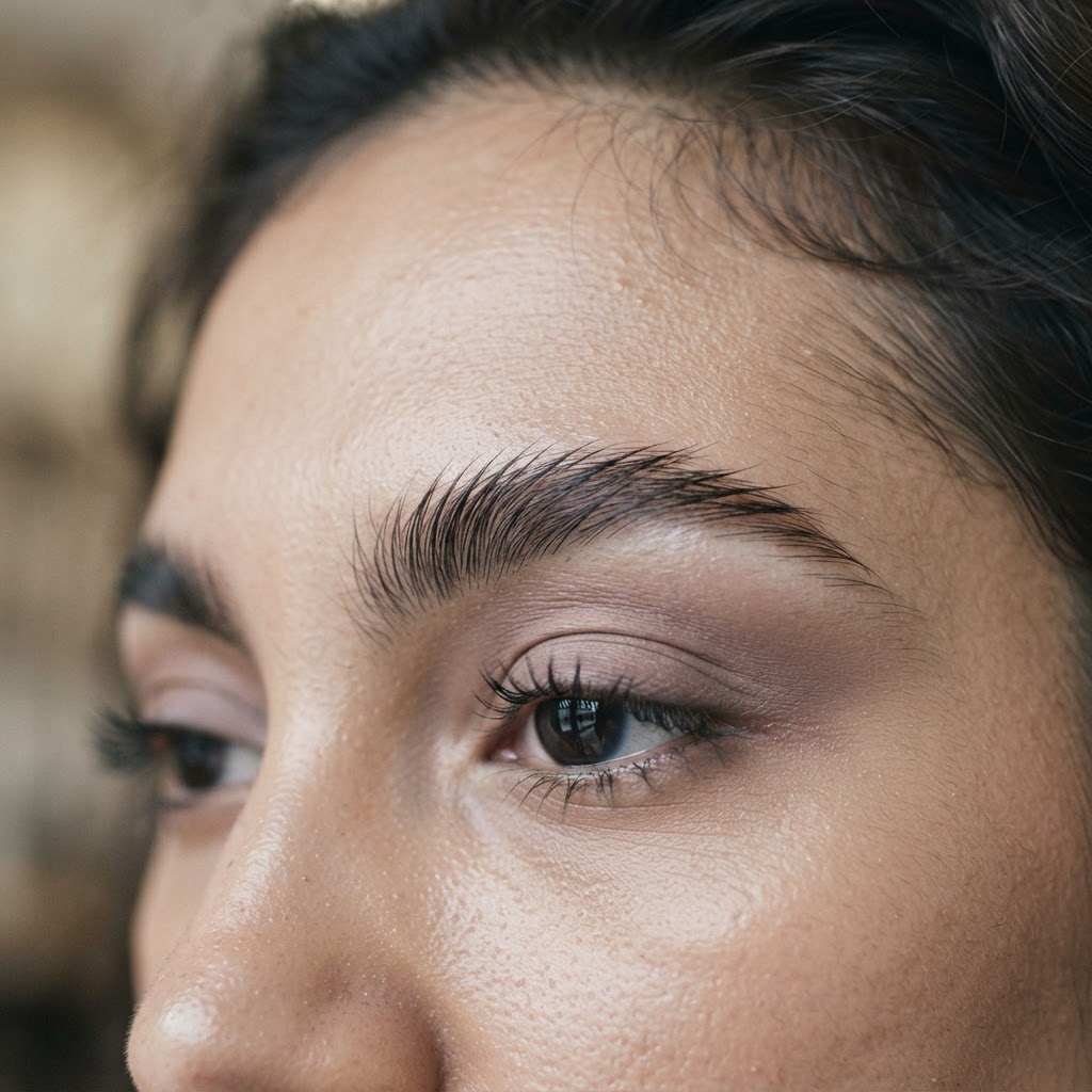 Close-up of groomed, brushed-up eyebrows in soft natural light