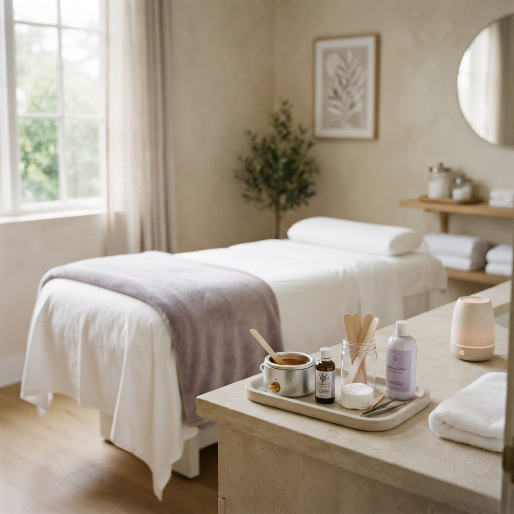A clean waxing treatment room with fresh linens and professional tools