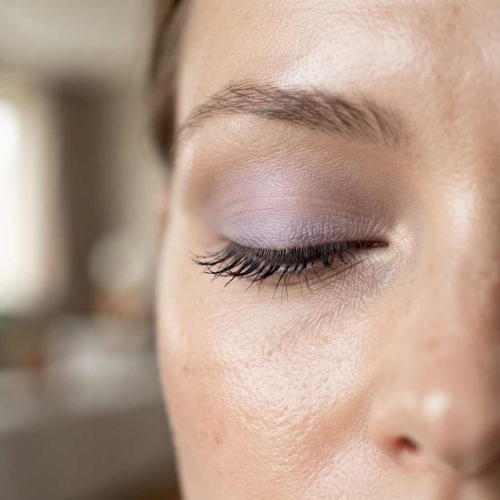 Close-up of a closed eye with long, lifted natural lashes