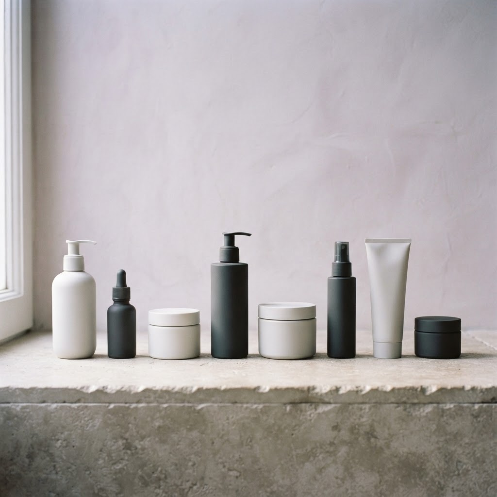 A row of haircare styling bottles and jars on a pale stone surface