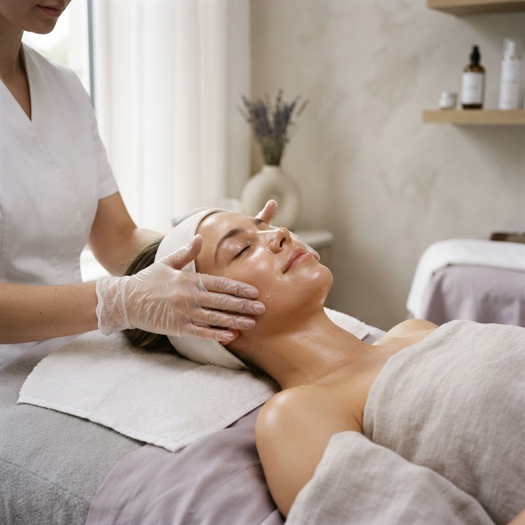 An esthetician applying a facial treatment to a client in a calm treatment room