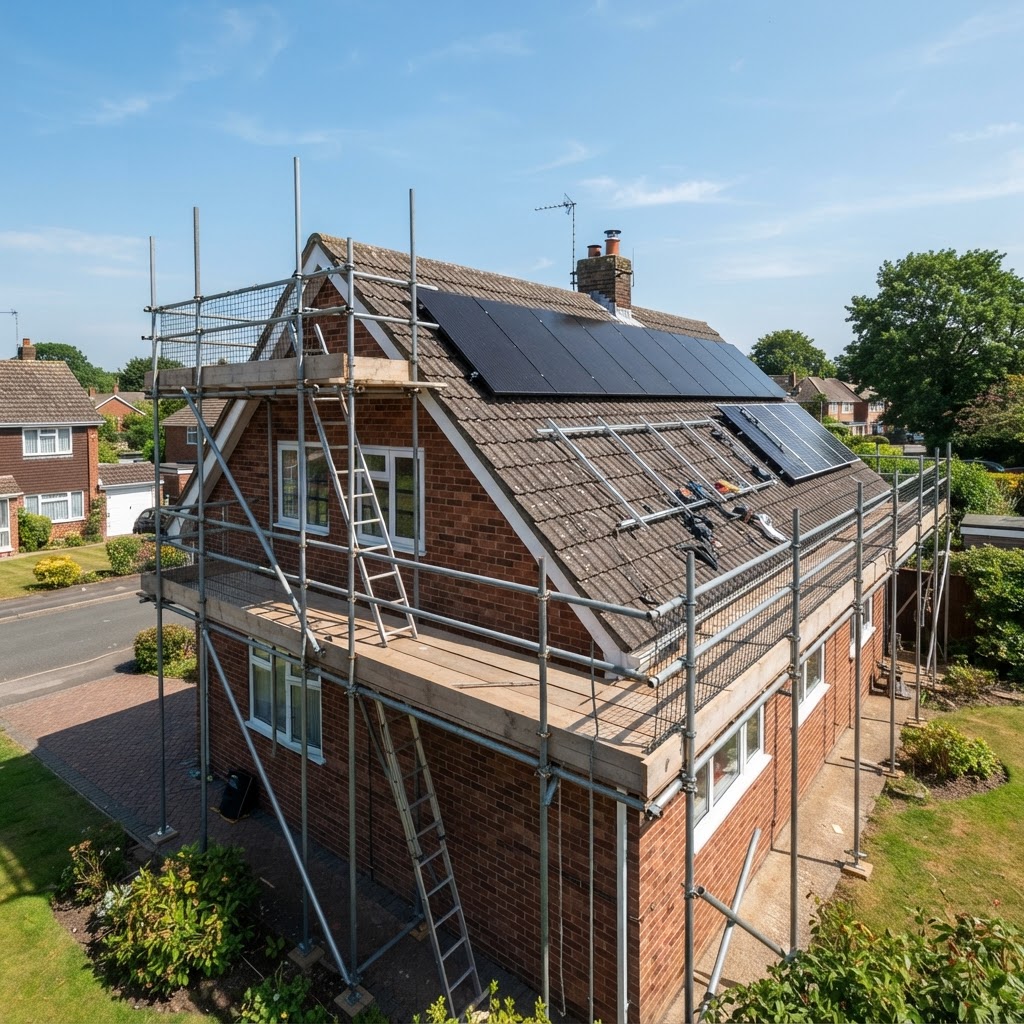 Scaffold roof access for a solar panel installation in Putney