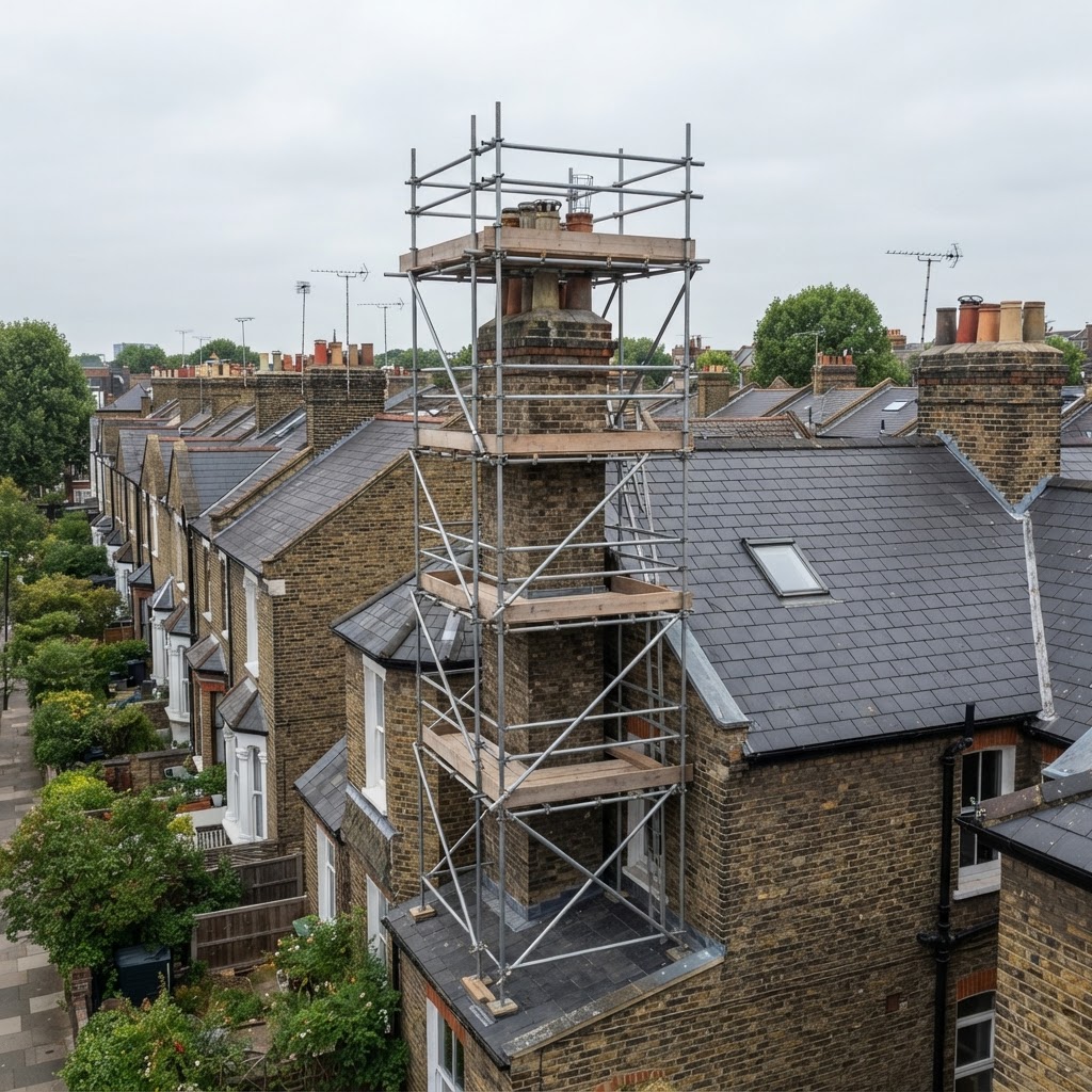 Chimney scaffold on a Victorian terraced house in Putney