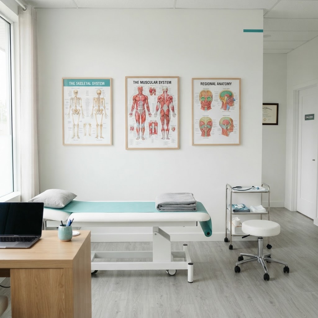 Plakaty anatomiczne w gabinecie terapii manualnej w Makowie Podhalańskim