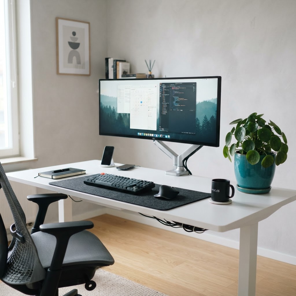 Ergonomiczne stanowisko pracy przy biurku zmniejszające ból karku i szyi