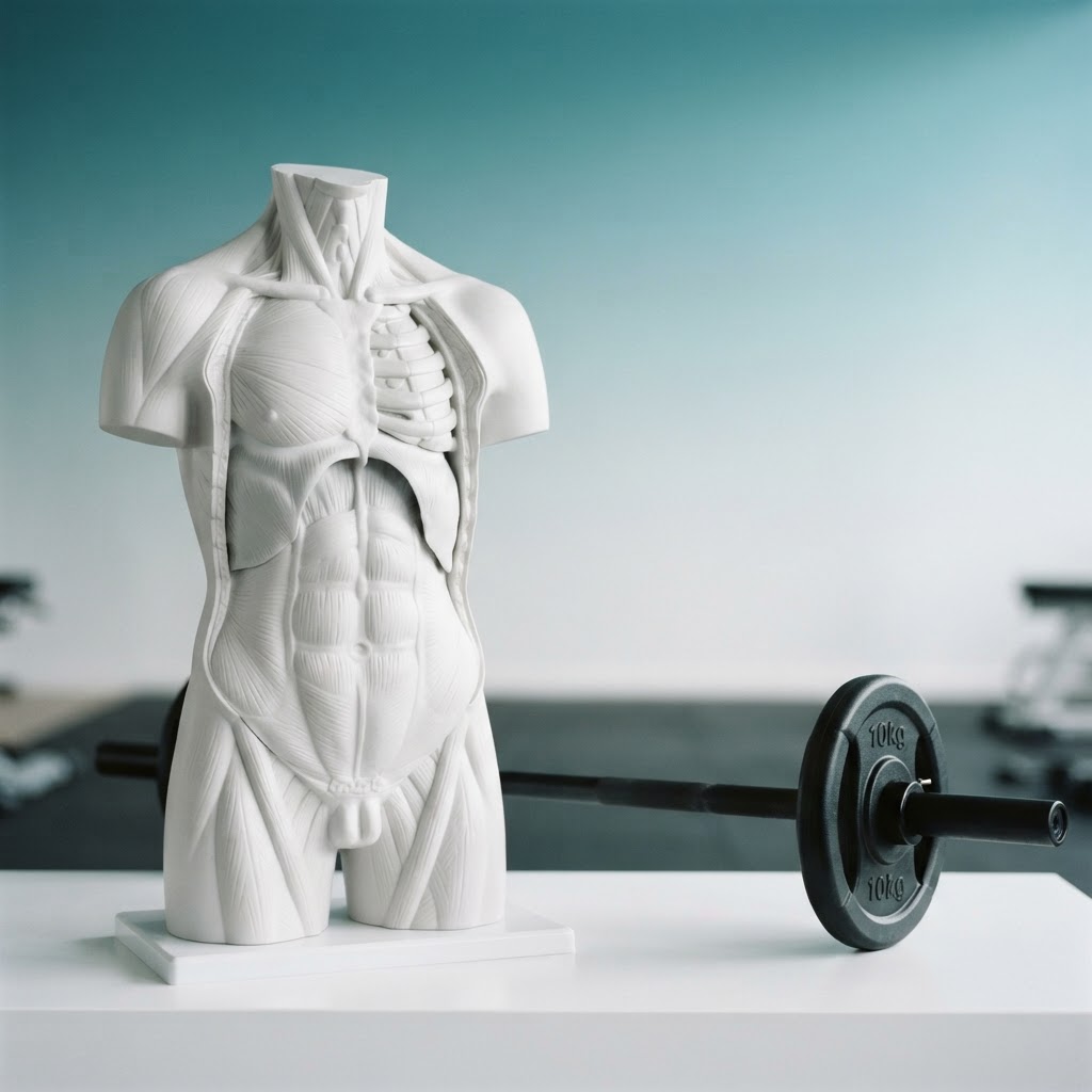 Anatomiczny model tułowia z przeponą i mięśniami core przy sztandze – trening siłowy w Makowie Podhalańskim