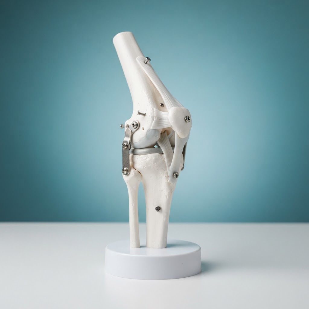 Anatomiczny model stawu kolanowego z górskim szlakiem w tle – fizjoterapia w Makowie Podhalańskim
