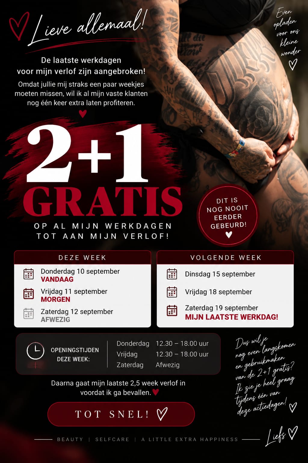Denise's verlof aankondiging — 2+1 gratis
