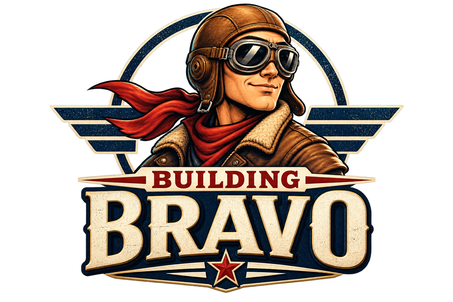 Building Bravo — vintage aviator emblem with wings and the wordmark Building Bravo.
