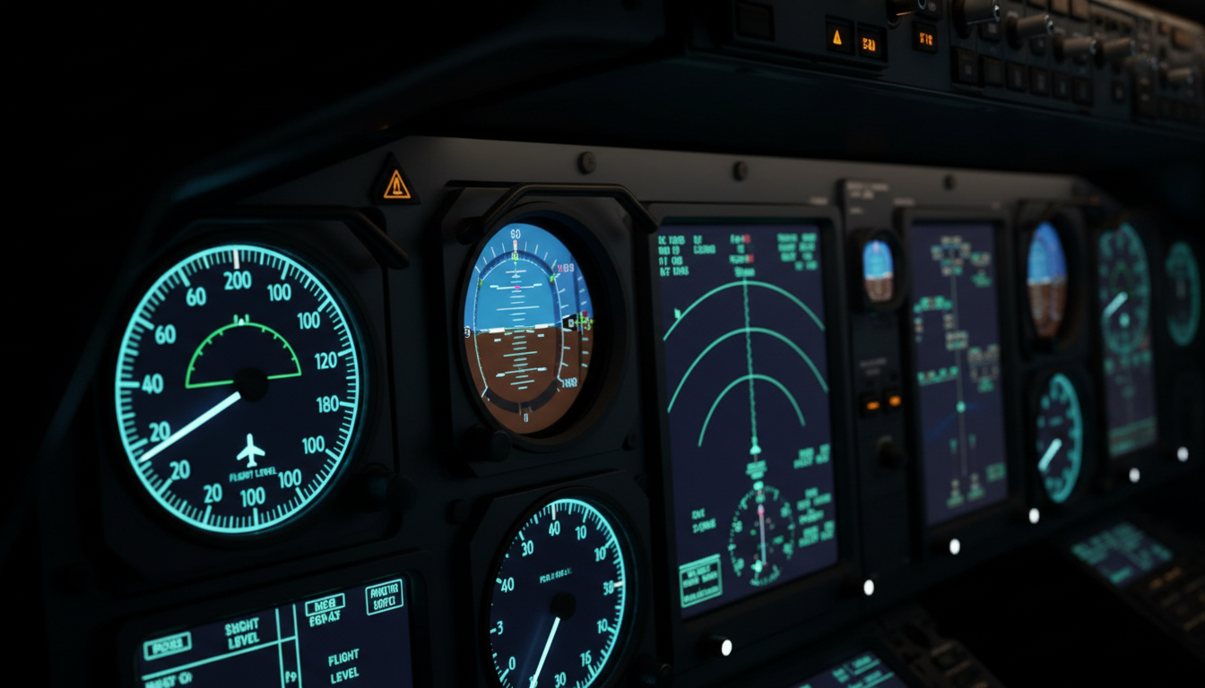 Aviation cockpit instruments glowing in the dark, altimeters and precision gauges