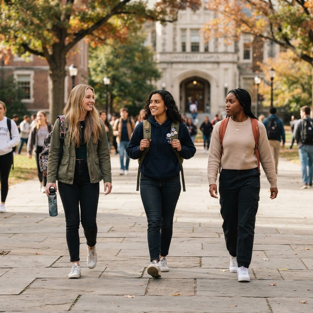 Three confident college-age women walking assertively together on campus