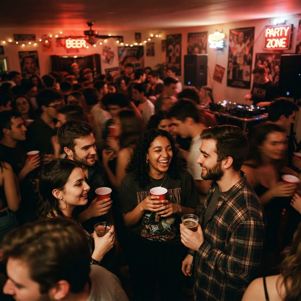 A lively college party scene with students socializing