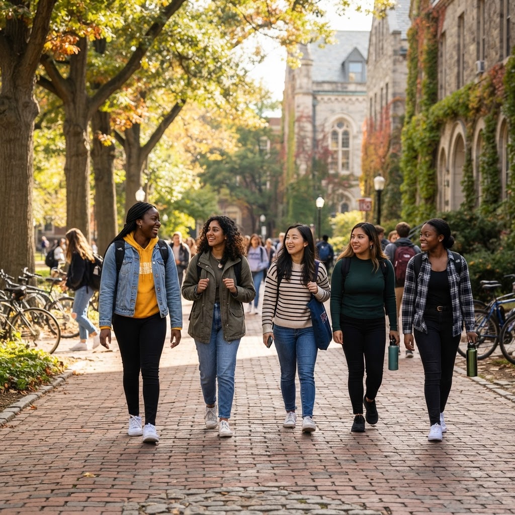 College women with backpacks walking together on a college campus