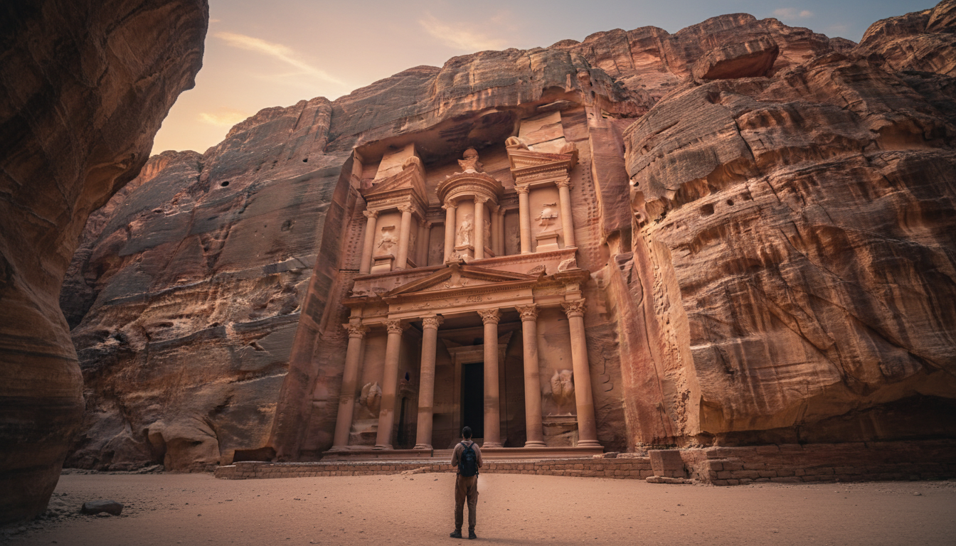 The Treasury at Petra through the Siq canyon at golden hour