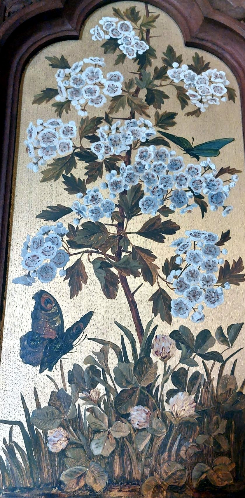 Hand-painted panel of hawthorn blossom with a peacock butterfly
