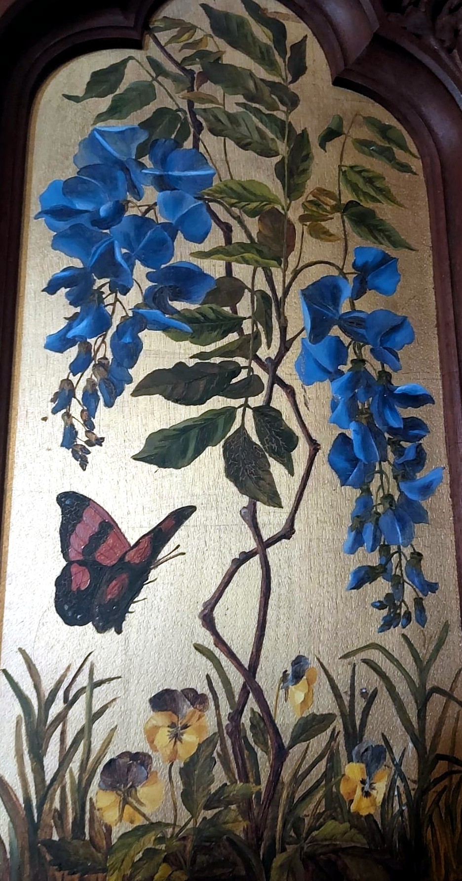 Hand-painted panel of wisteria with a red admiral butterfly