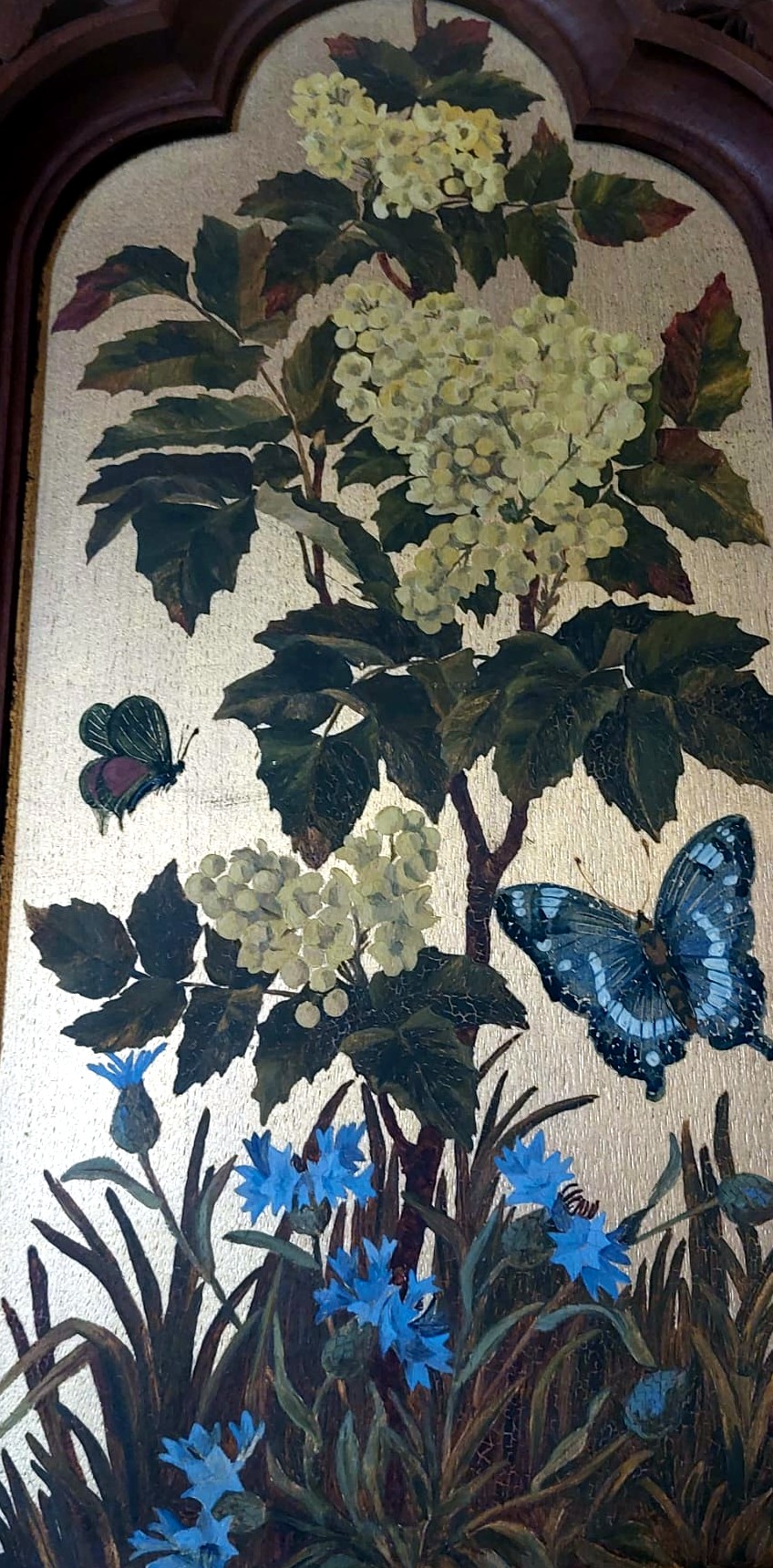 Hand-painted panel of hydrangea with a white admiral butterfly