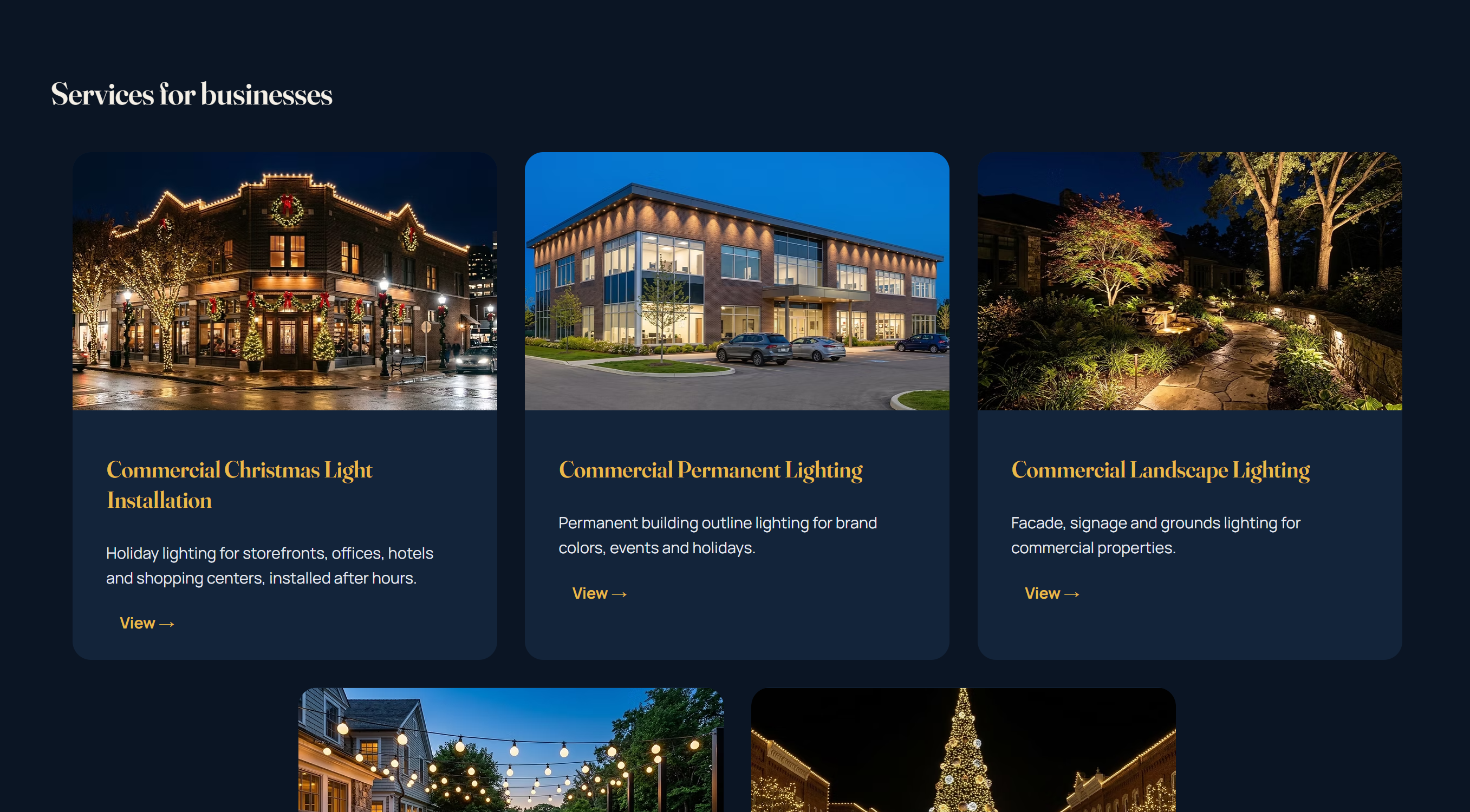 Services for businesses section showing three commercial lighting cards — Commercial Christmas Light Installation, Commercial Permanent Lighting, and Commercial Landscape Lighting.