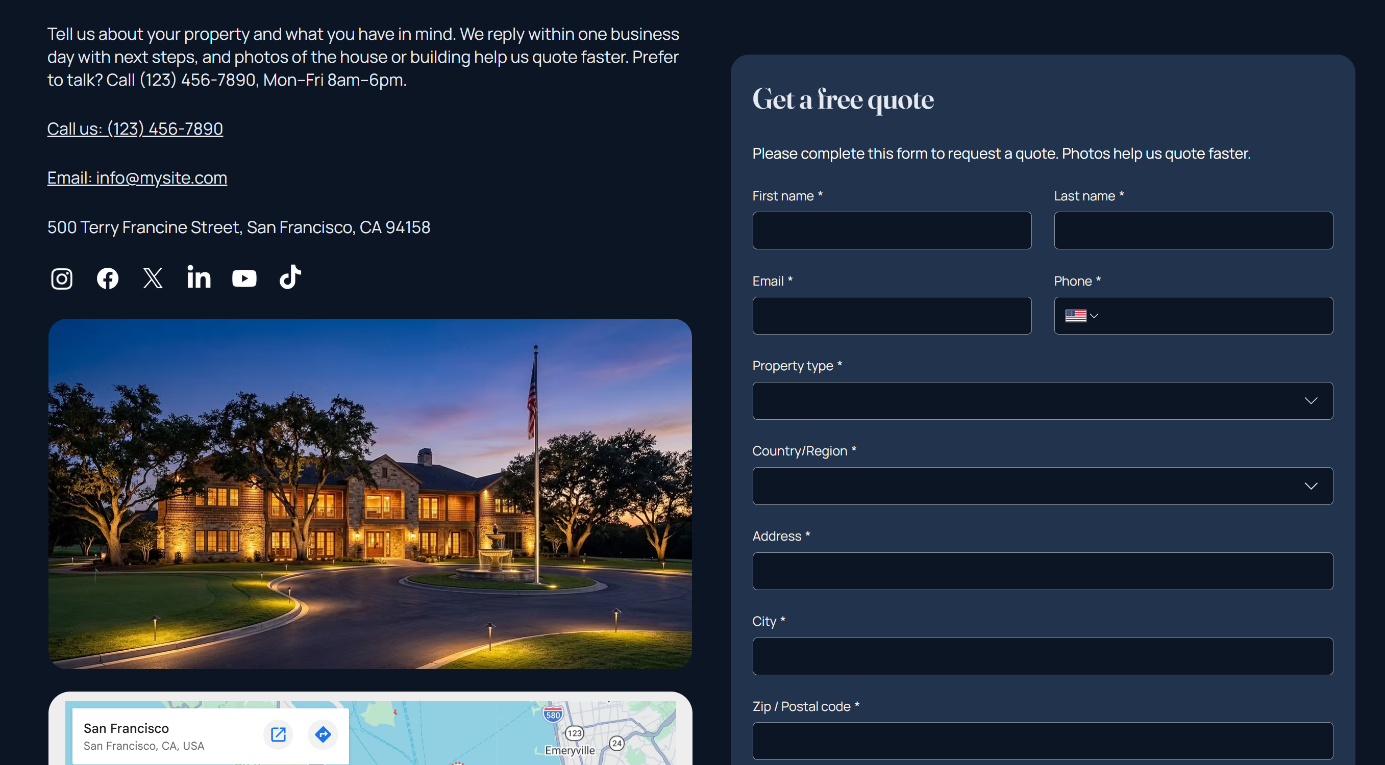 Get a free quote contact page with contact details, a photo of a lit estate, a map, and a quote request form for name, email, phone, property type, and address.