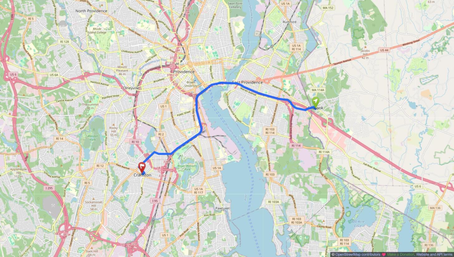 Map of the drive from Seekonk, MA to Cranston, RI