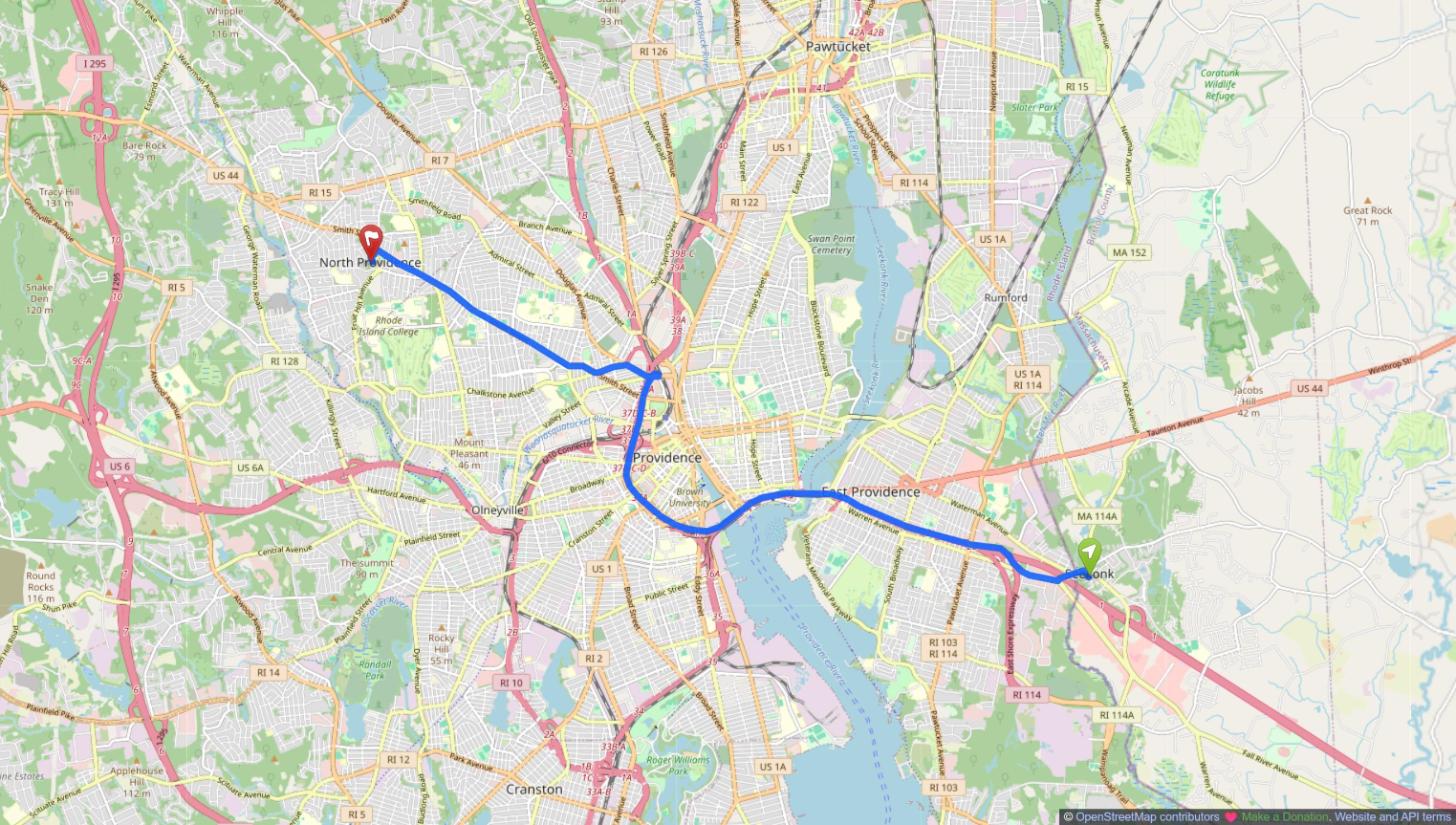 Map of the drive from Seekonk, MA to North Providence, RI