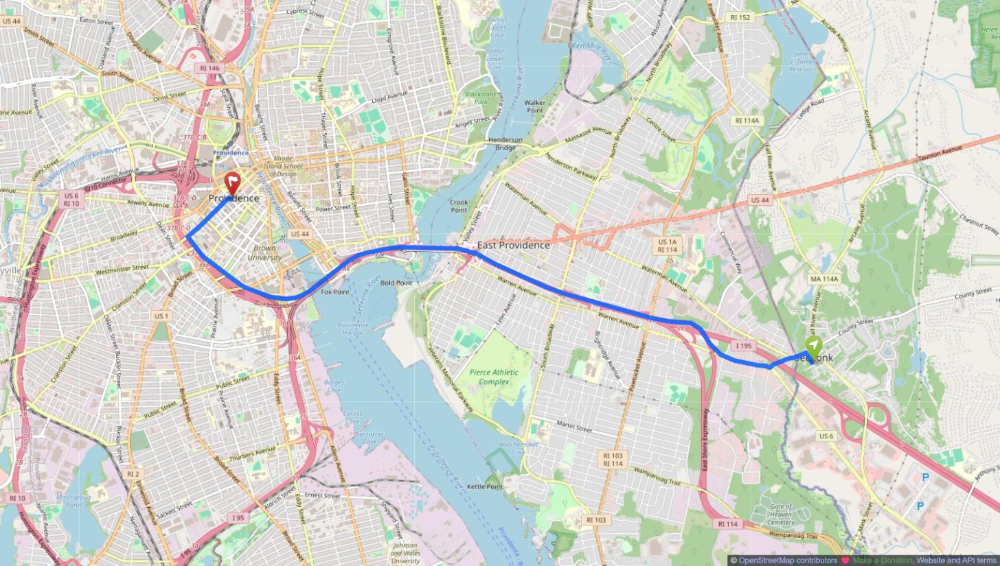 Map of the drive from Seekonk, MA to Providence, RI